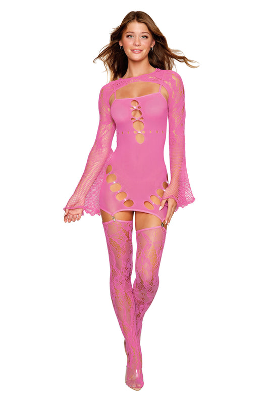 Garter Dress With Thigh High and Shrug - One Size - Milkshake Pink - Not Very Vanilla