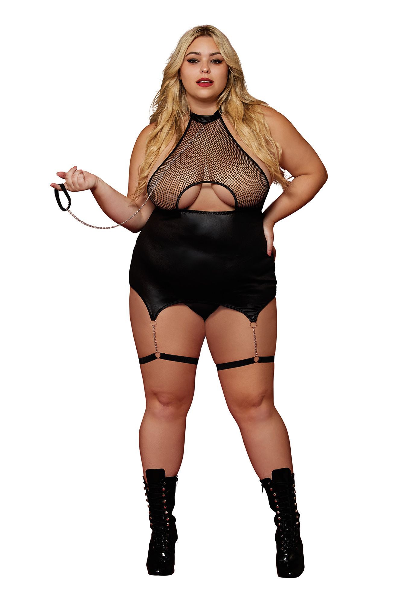 Garter Slip and Leash - Queen Size - Black - Not Very Vanilla