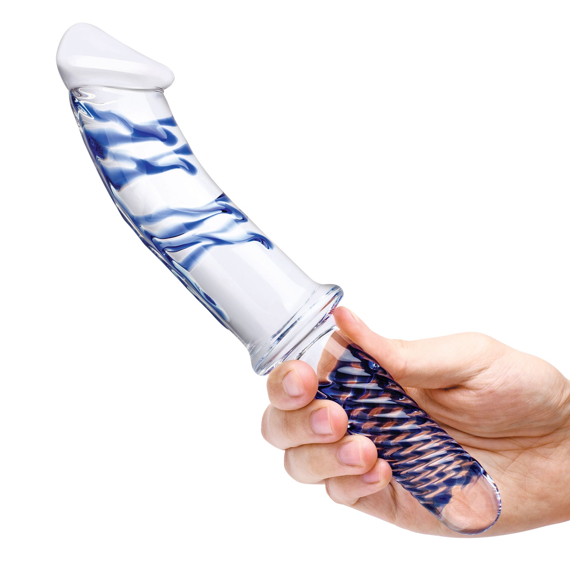 11 Inch Realistic Double Ended Glass Dildo With Handle - Blue/clear - Not Very Vanilla