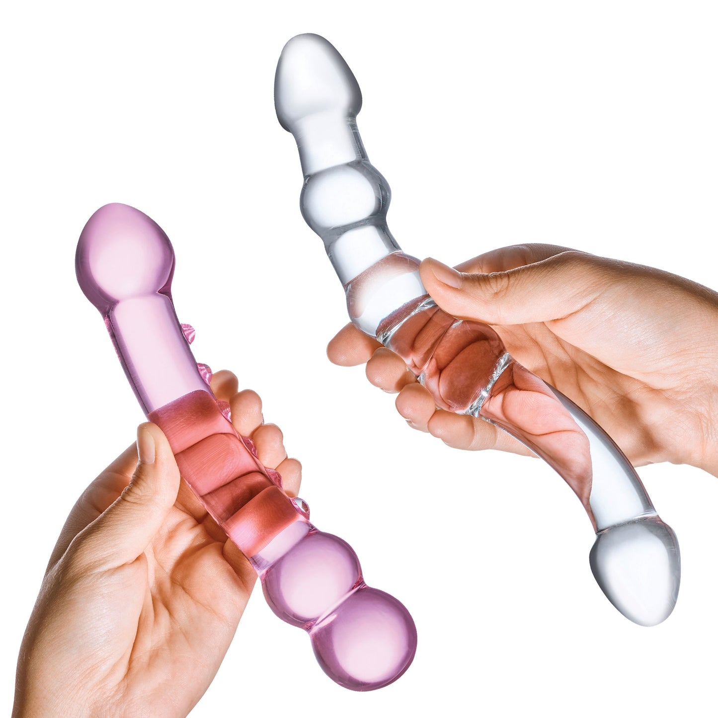 2 Pc Double Pleasure Glass Dildo Set - Pink/clear - Not Very Vanilla