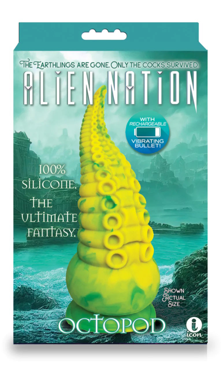 Alien Nation Octopod Silicone Rechargeable Vibrating Creature Dildo - Yellow and Green - Not Very Vanilla