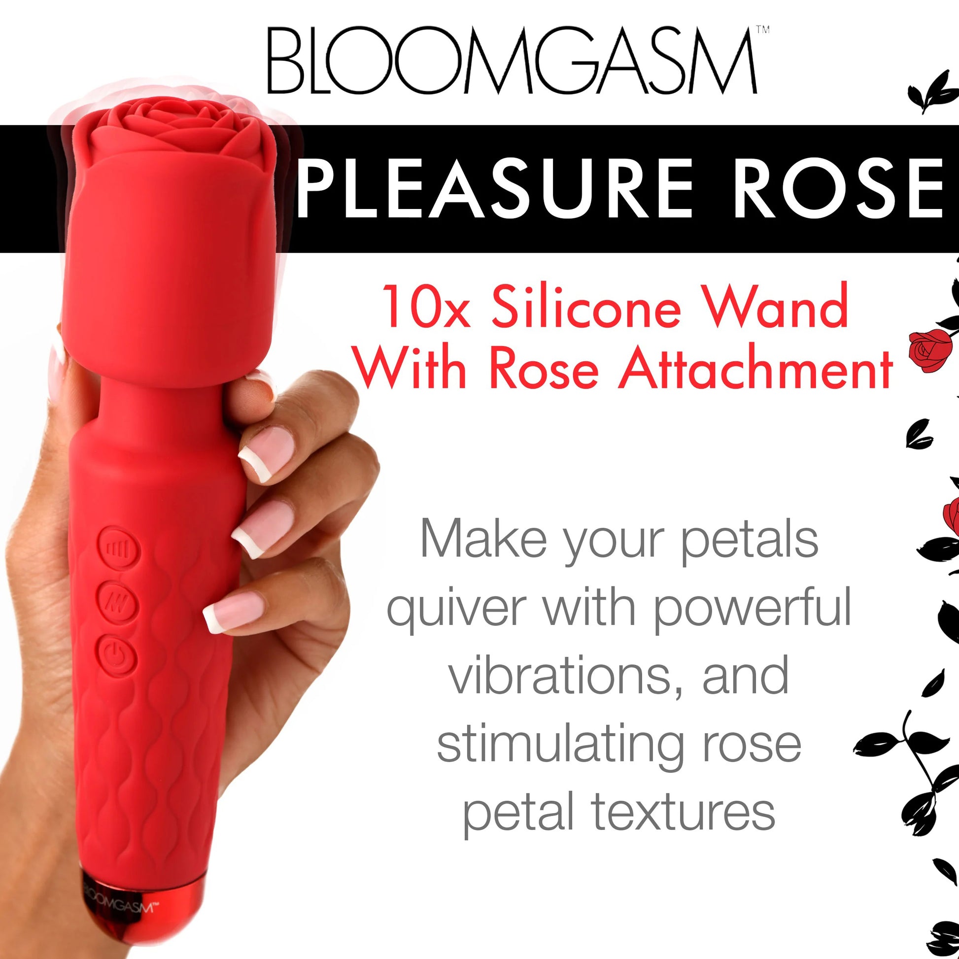 Pleasure Rose 10x Silicone Wand With Rose Attachment - Red - Not Very Vanilla