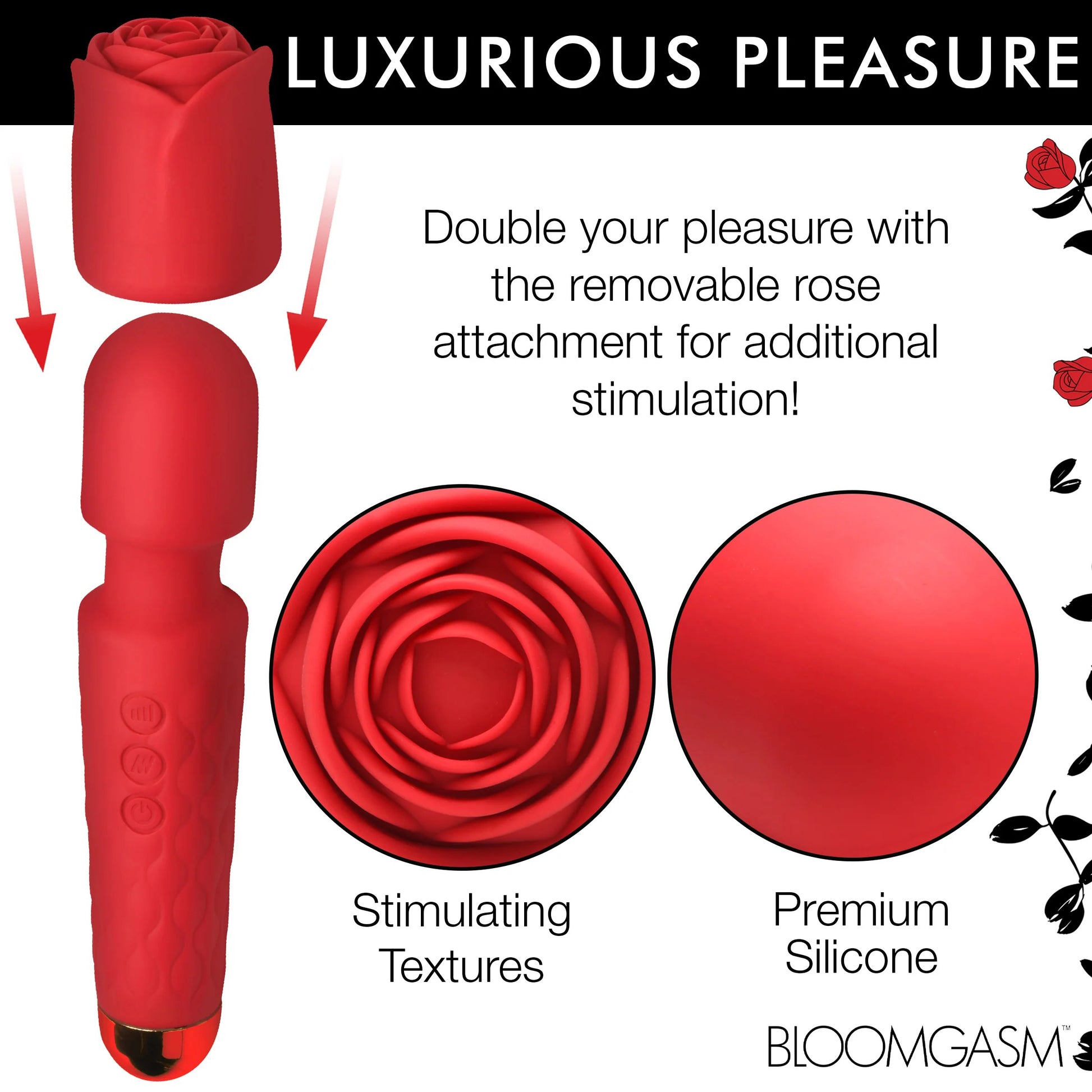 Pleasure Rose 10x Silicone Wand With Rose Attachment - Red - Not Very Vanilla