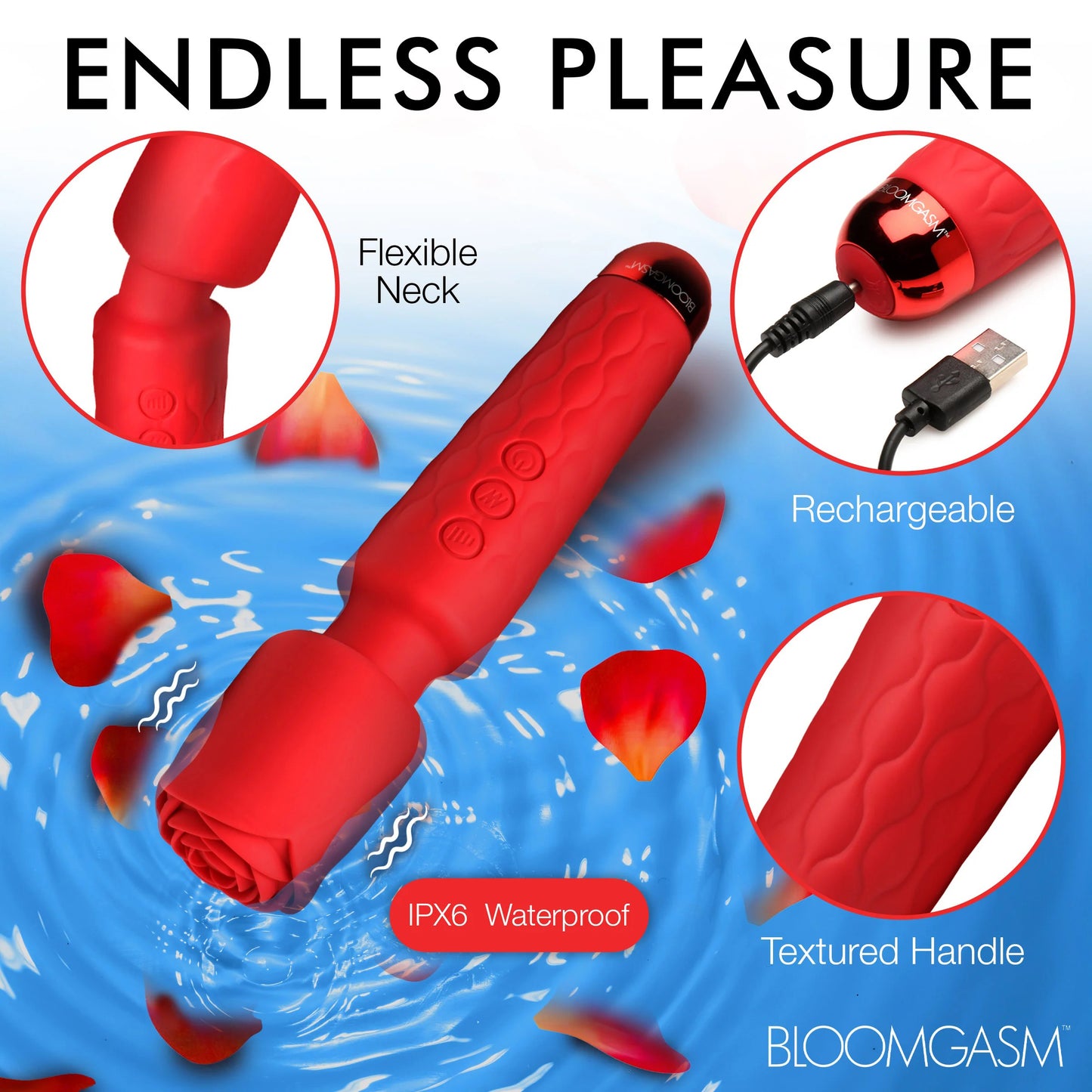 Pleasure Rose 10x Silicone Wand With Rose Attachment - Red - Not Very Vanilla