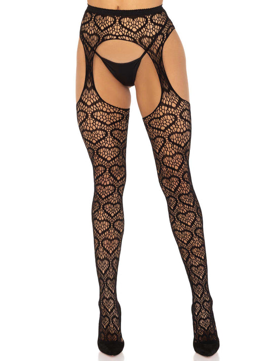 Heart Net Suspender Pantyhose - One Size - Black - Not Very Vanilla