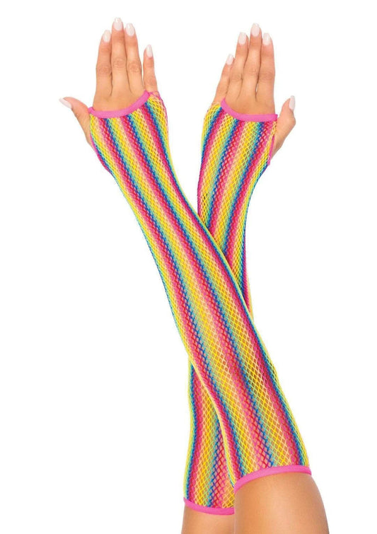 Rainbow Net Fingerless Arm Warmer Gloves - One Size - Multicolor - Not Very Vanilla