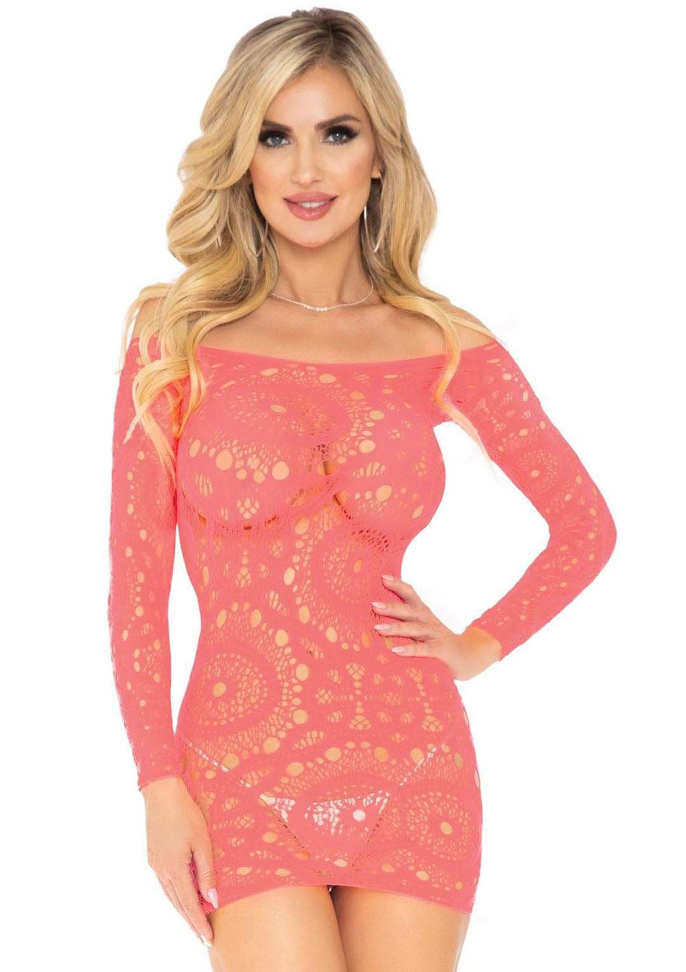 Crochet Lace Long Sleeve Mini Dress - Coral - One Size - Not Very Vanilla