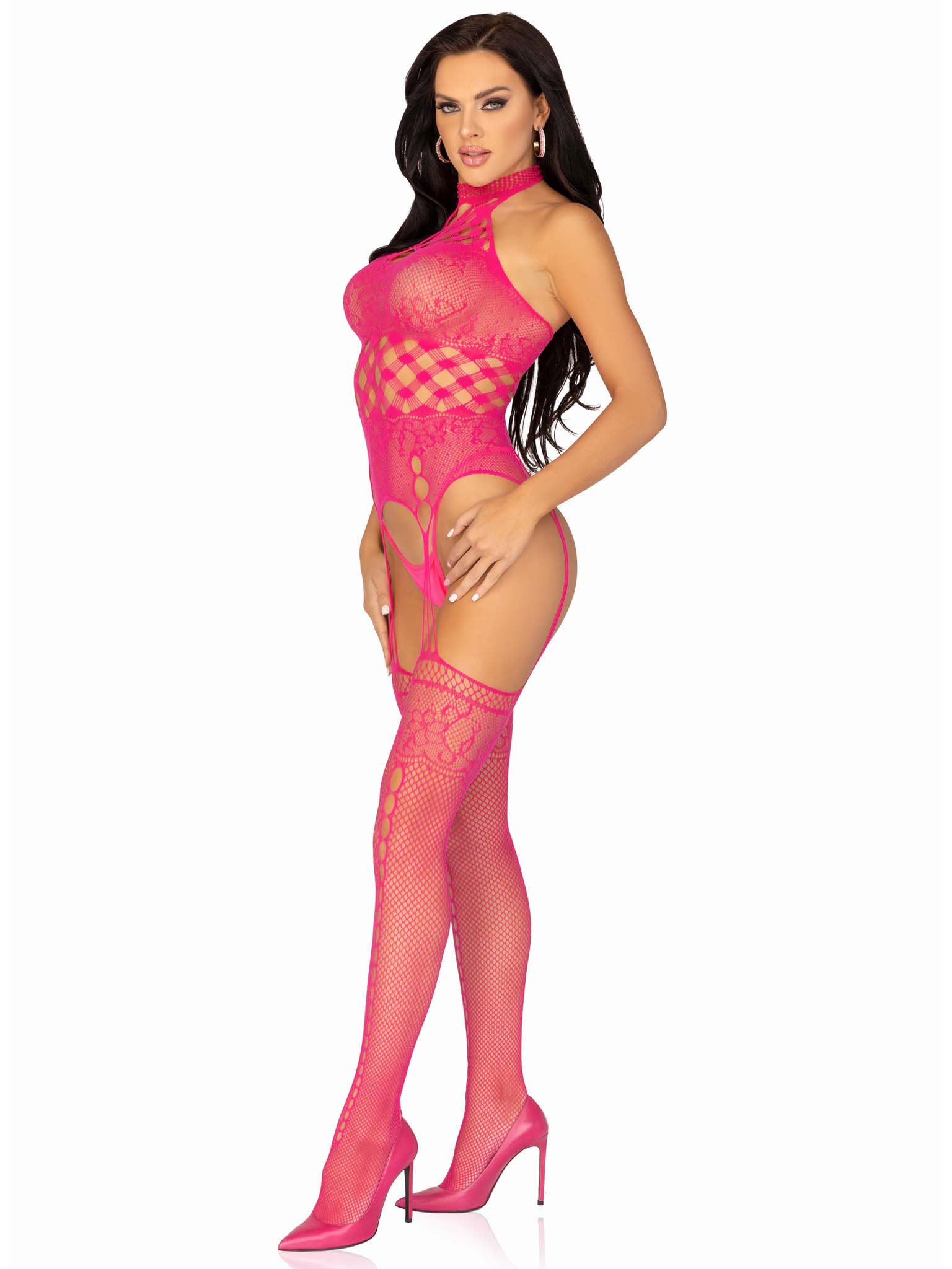 High Neck Halter Hardcore Net and Lace Suspender Bodystocking - One Size - Raspberry - Not Very Vanilla