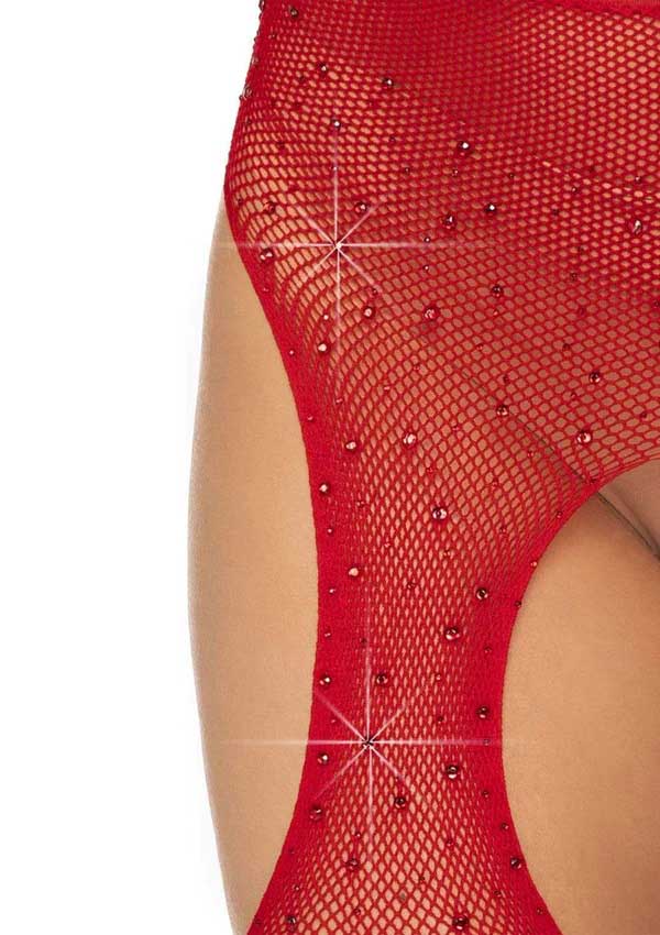 Casey Rhinestone Fishnet Suspender Pantyhose - One Size - Red - Not Very Vanilla