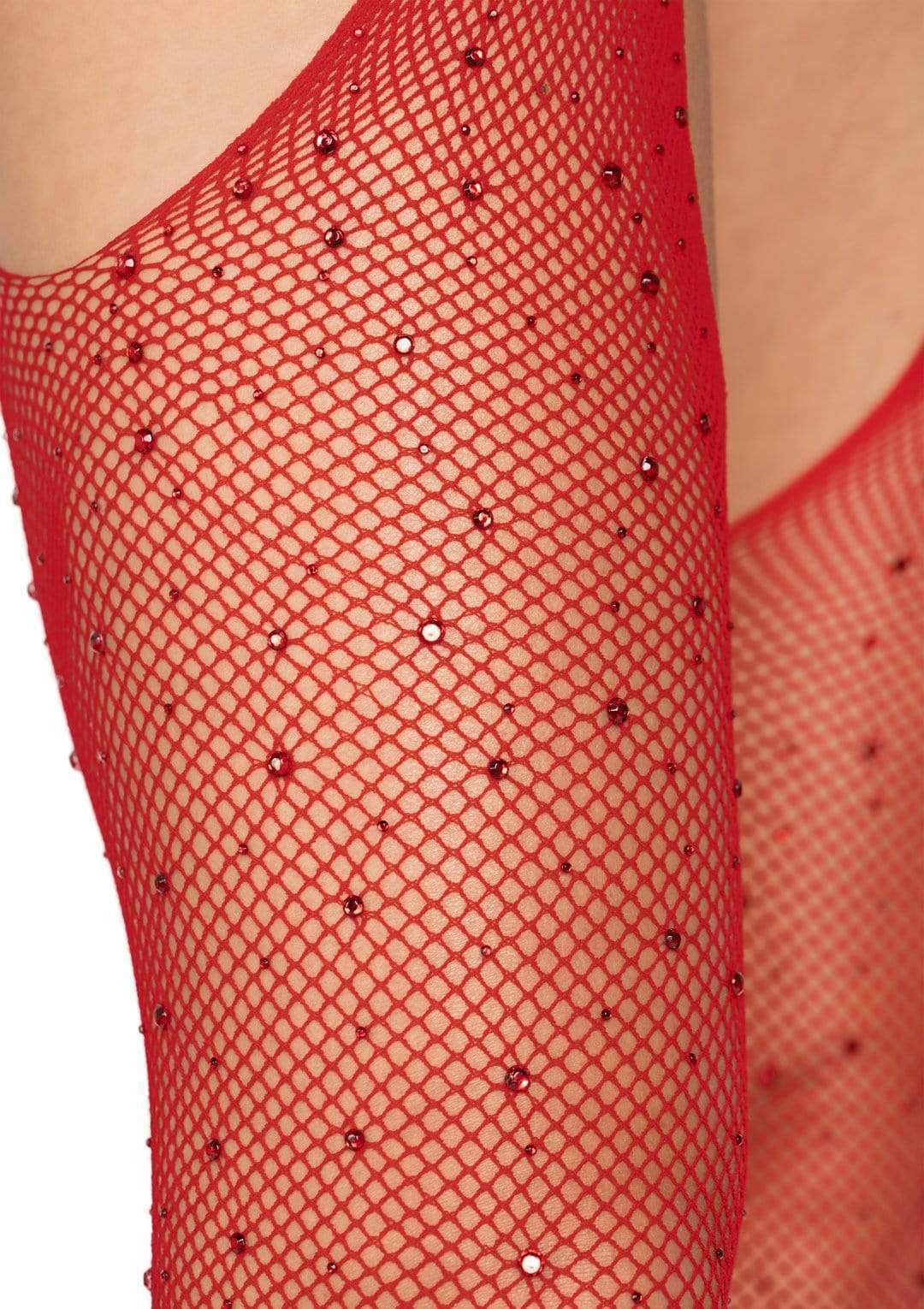 Casey Rhinestone Fishnet Suspender Pantyhose - One Size - Red - Not Very Vanilla