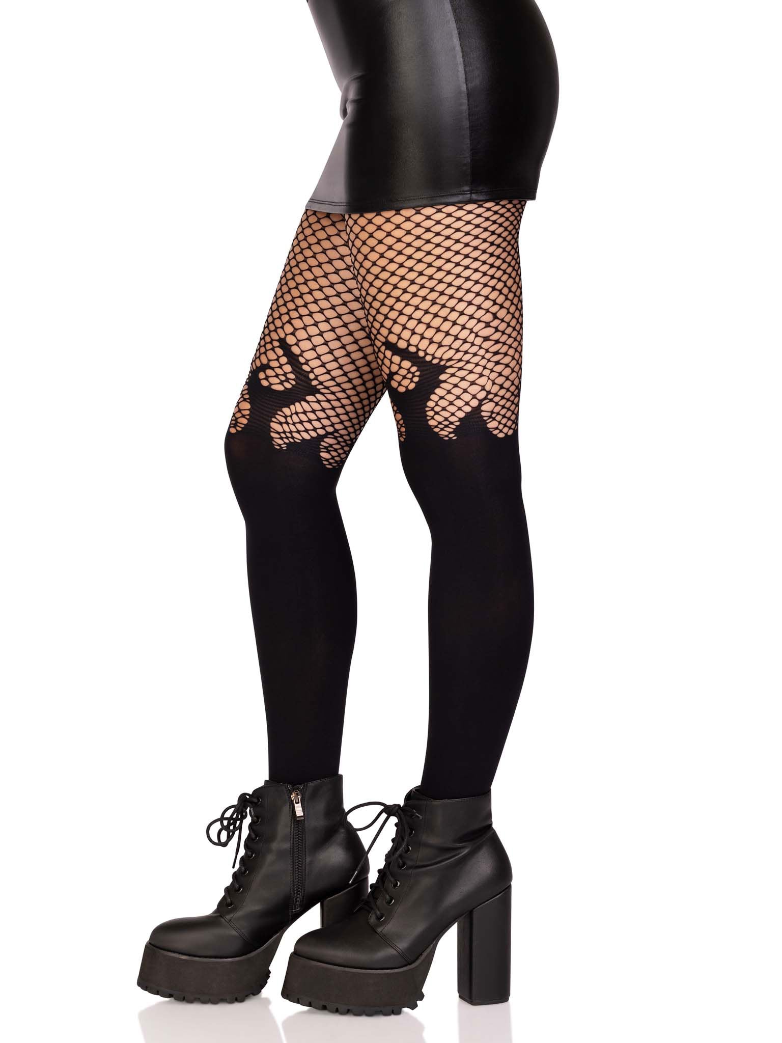 Opaque Flame Tights With Fishnet Top - One Size - Black - Not Very Vanilla