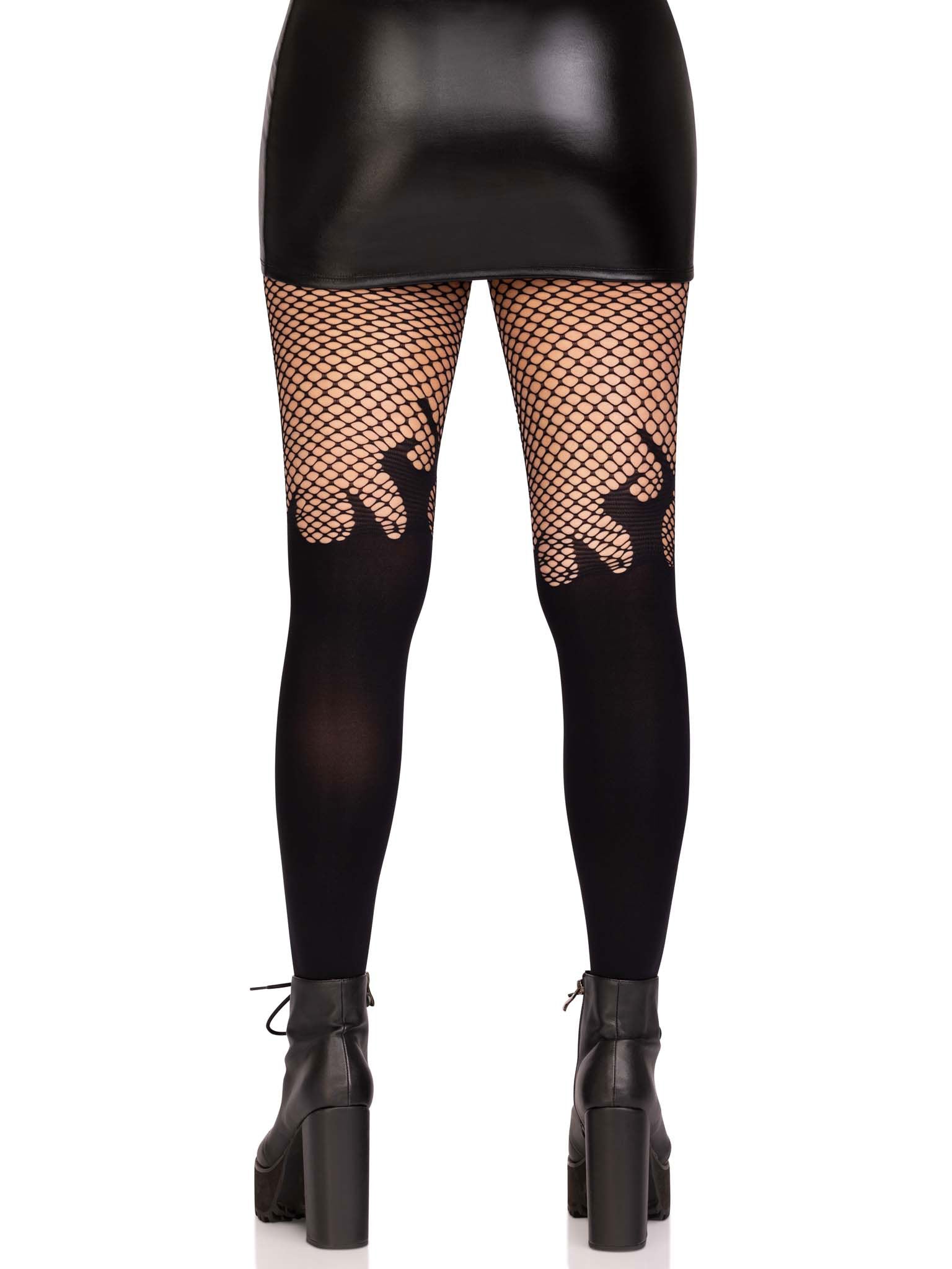 Opaque Flame Tights With Fishnet Top - One Size - Black - Not Very Vanilla