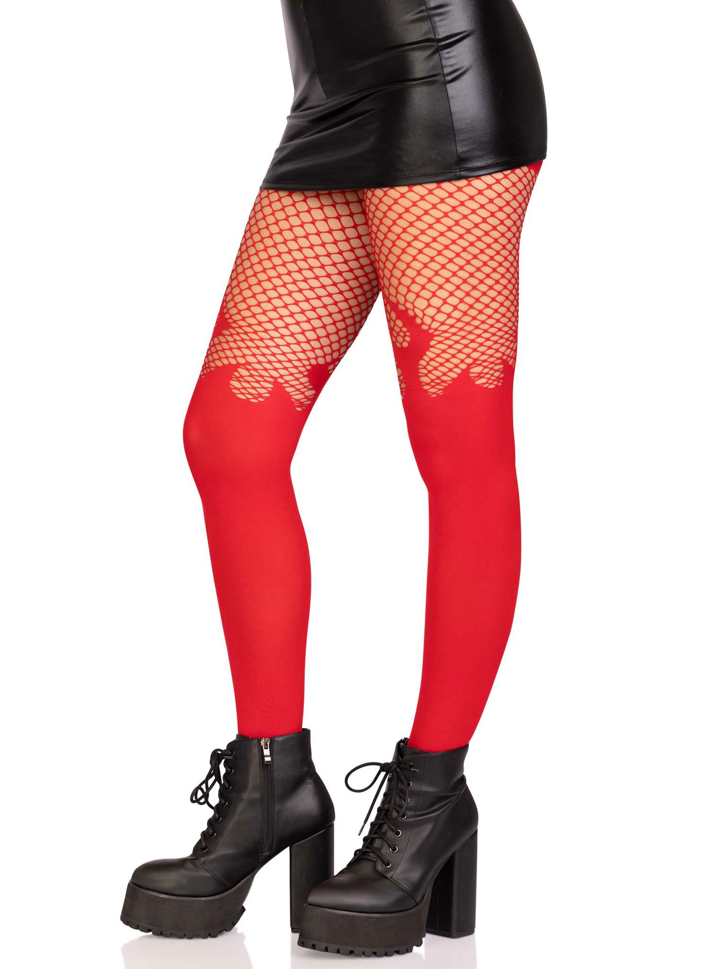 Opaque Flame Tights With Fishnet Top - One Size - Red - Not Very Vanilla