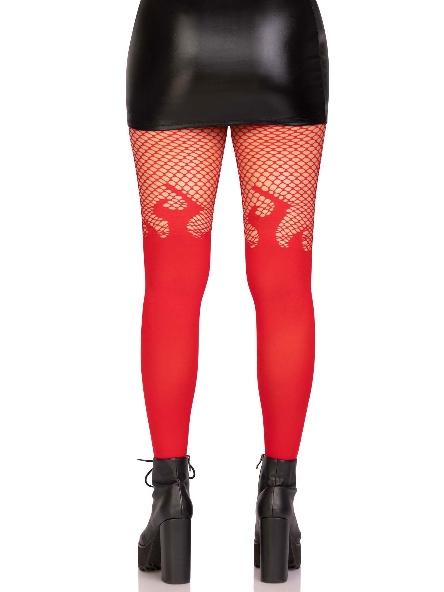 Opaque Flame Tights With Fishnet Top - One Size - Red - Not Very Vanilla