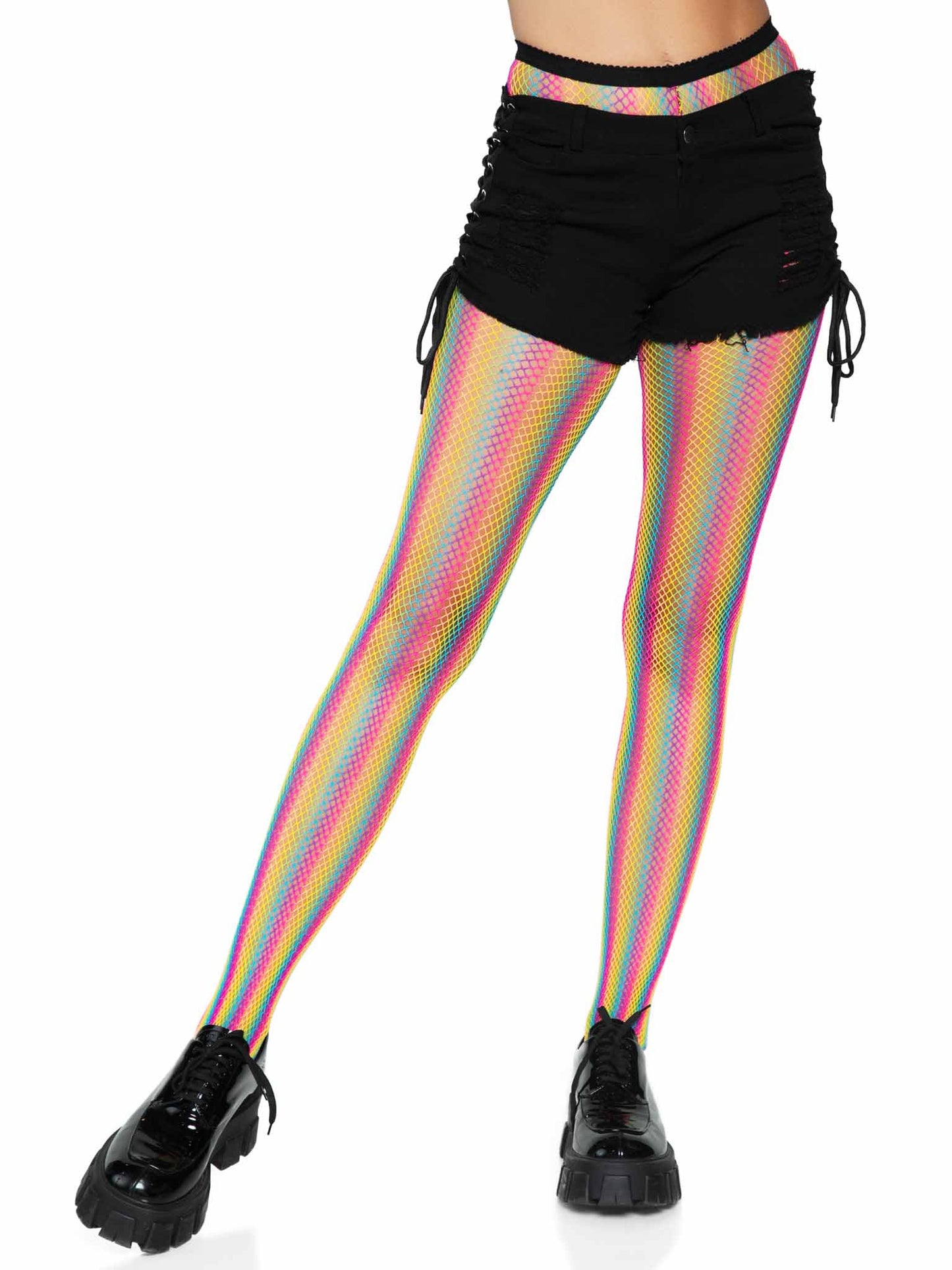 Neon Rainbow Striped Fishnet Tights - One Size - Multicolor - Not Very Vanilla