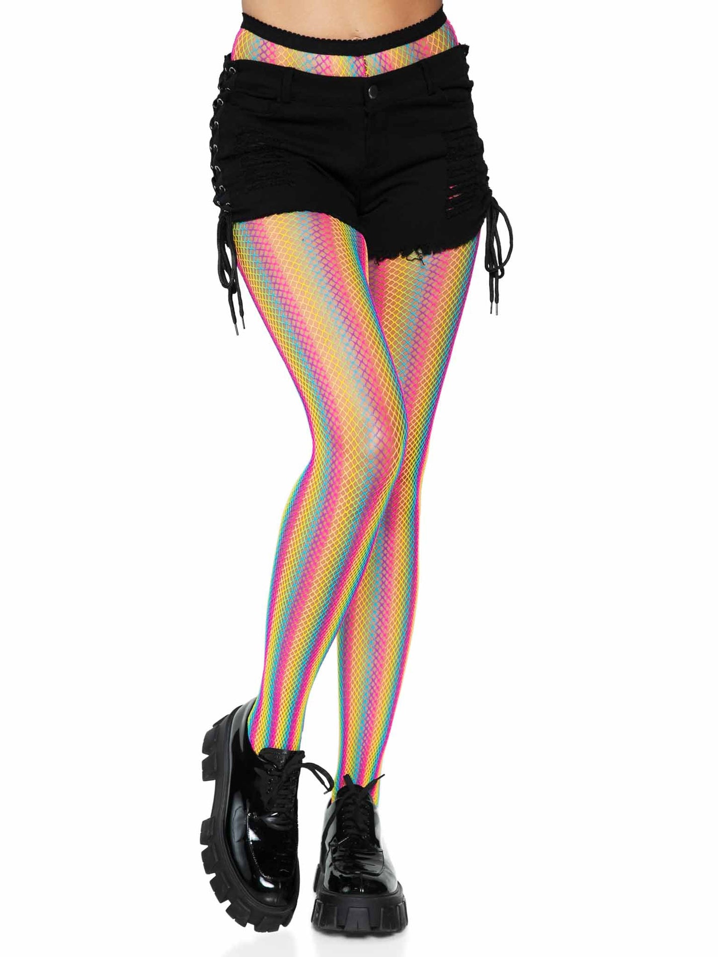 Neon Rainbow Striped Fishnet Tights - One Size - Multicolor - Not Very Vanilla