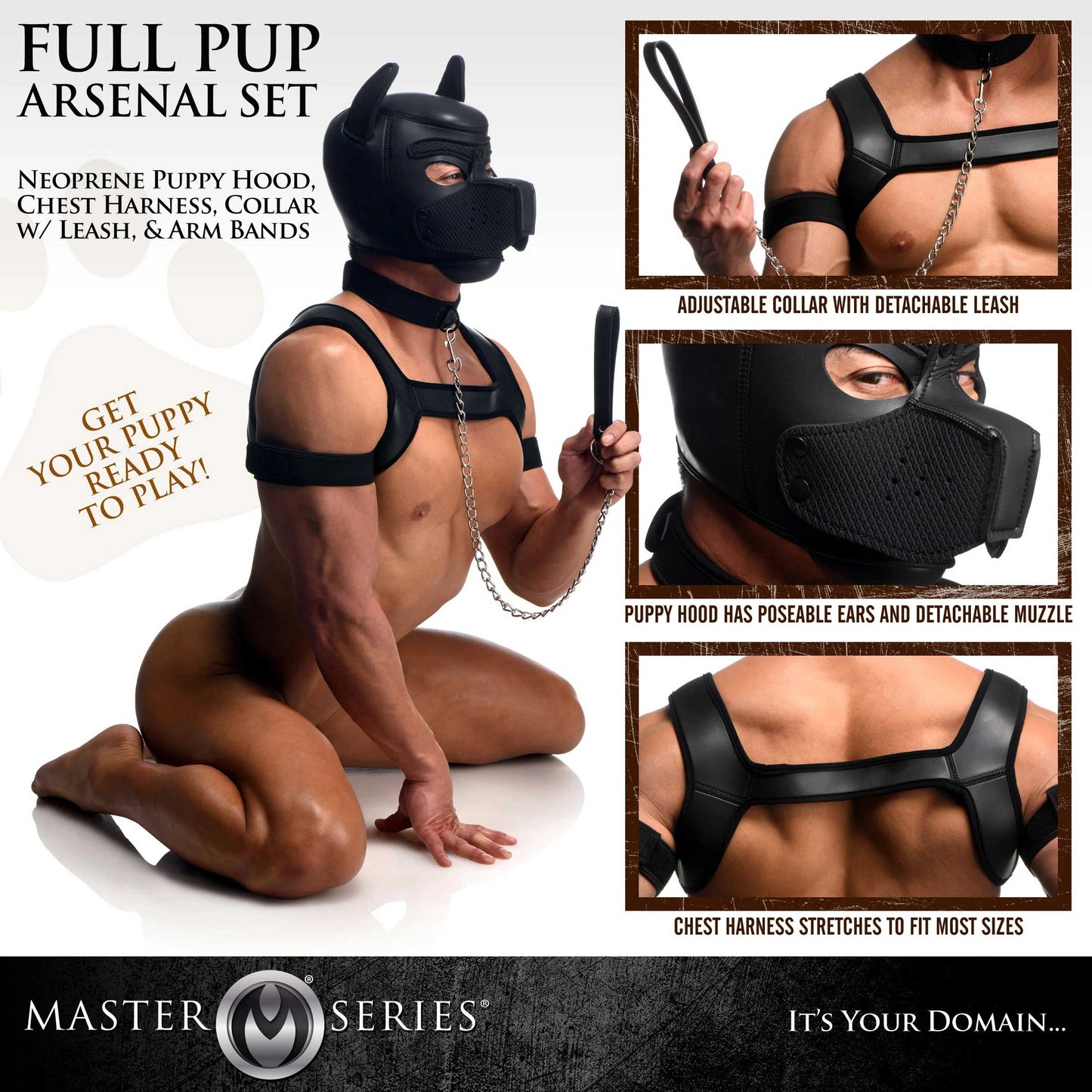 Full Pup Arsenal Set Neoprene Puppy Hood, Chest Harness, Collar With Leash and Arm Band - Black - Not Very Vanilla