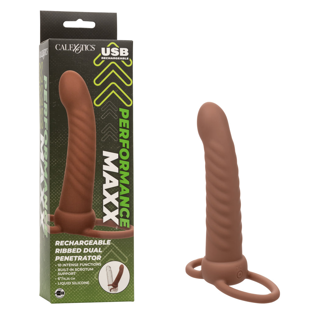 Performance Maxx Rechargeable Ribbed Dual Penetrator - Brown - Not Very Vanilla