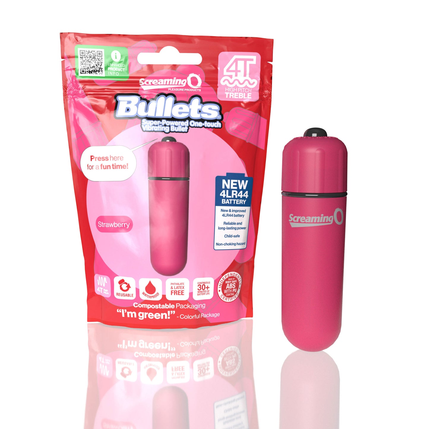 Screaming O 4t - Bullet - Super Powered One Touch Vibrating Bullet - Strawberry - Not Very Vanilla