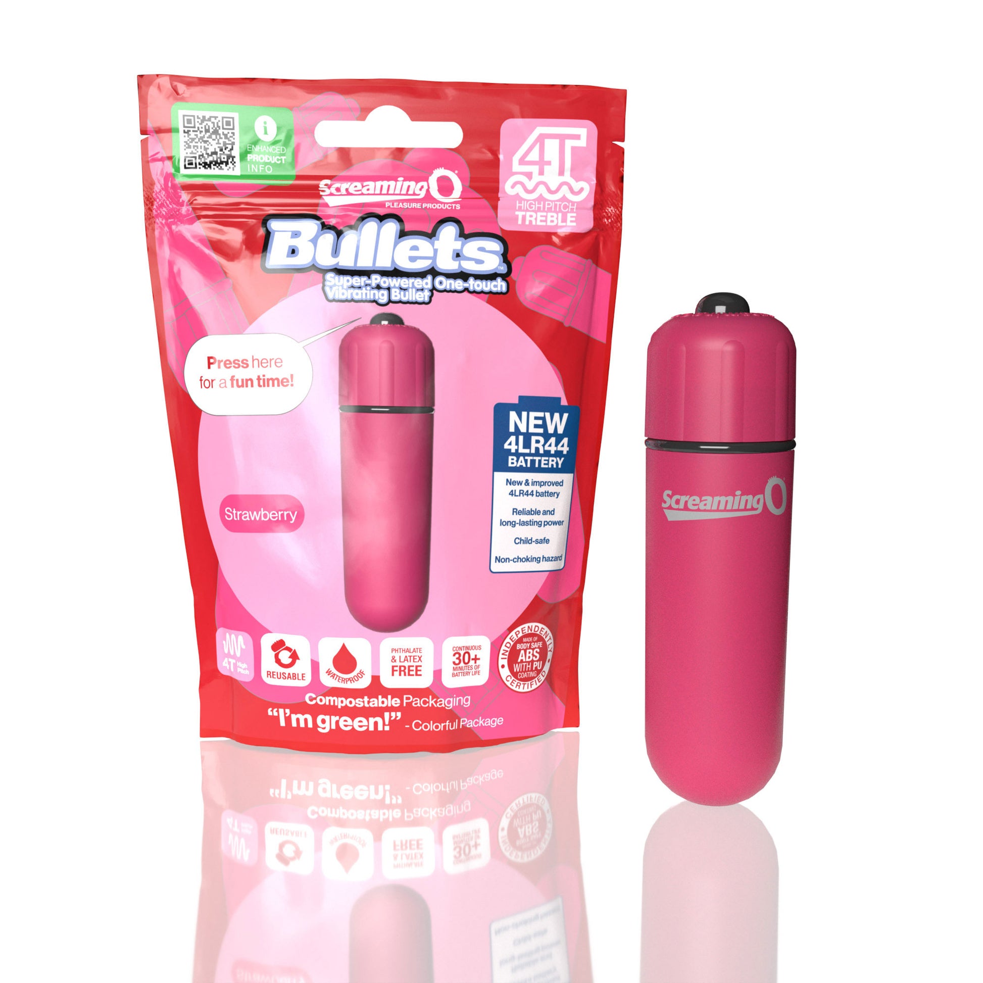 Screaming O 4t - Bullet - Super Powered One Touch Vibrating Bullet - Strawberry - Not Very Vanilla