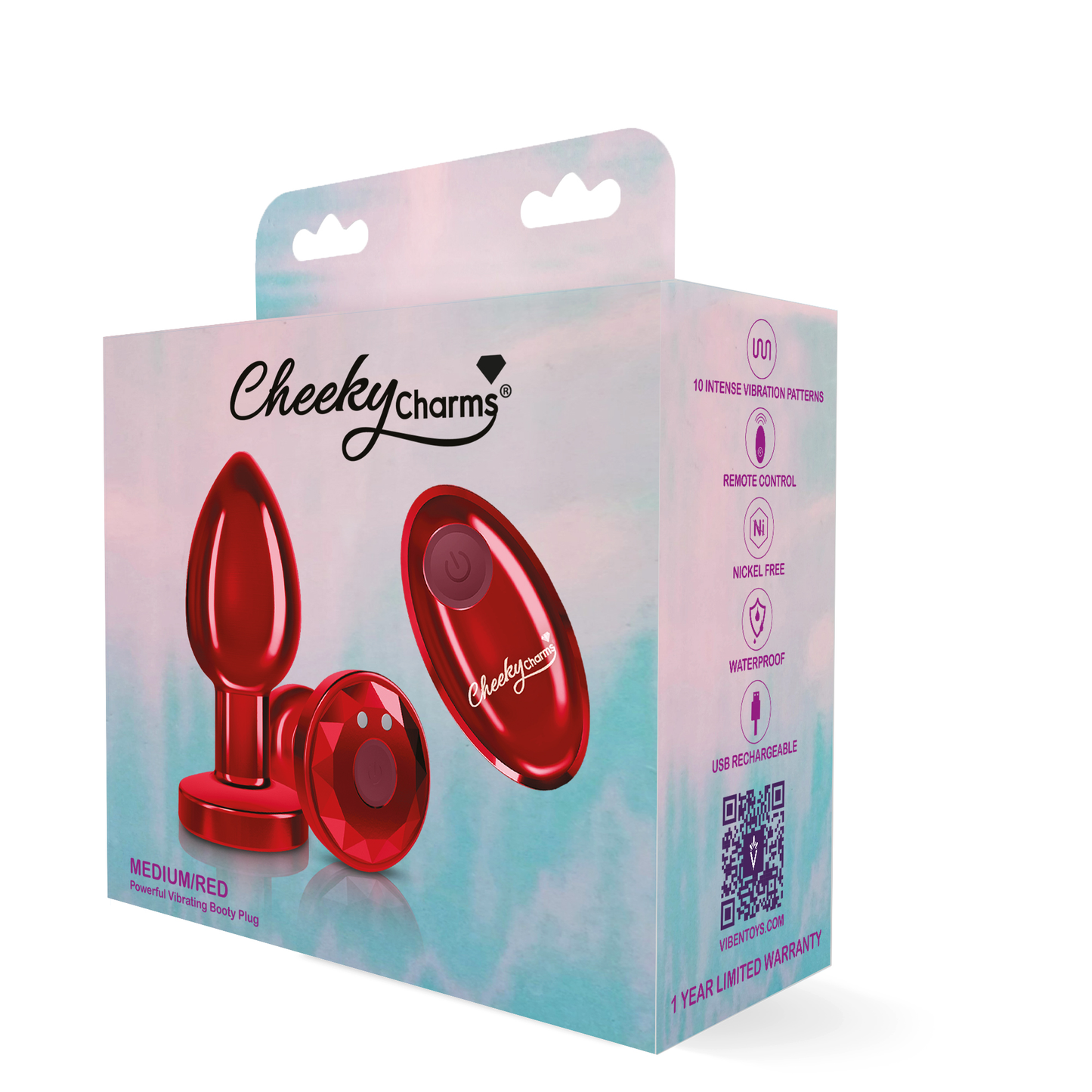 Cheeky Charms - Rechargeable Vibrating Metal Butt Plug With Remote Control - Red - Small - Not Very Vanilla