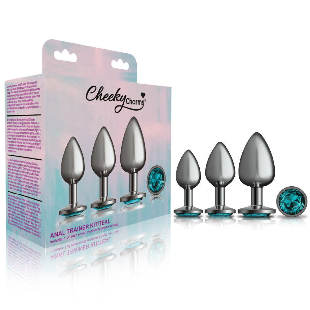 Cheeky Charms - Metal Butt Plug Gunmetal - Round - Teal - Anal Trainer Kit - Not Very Vanilla