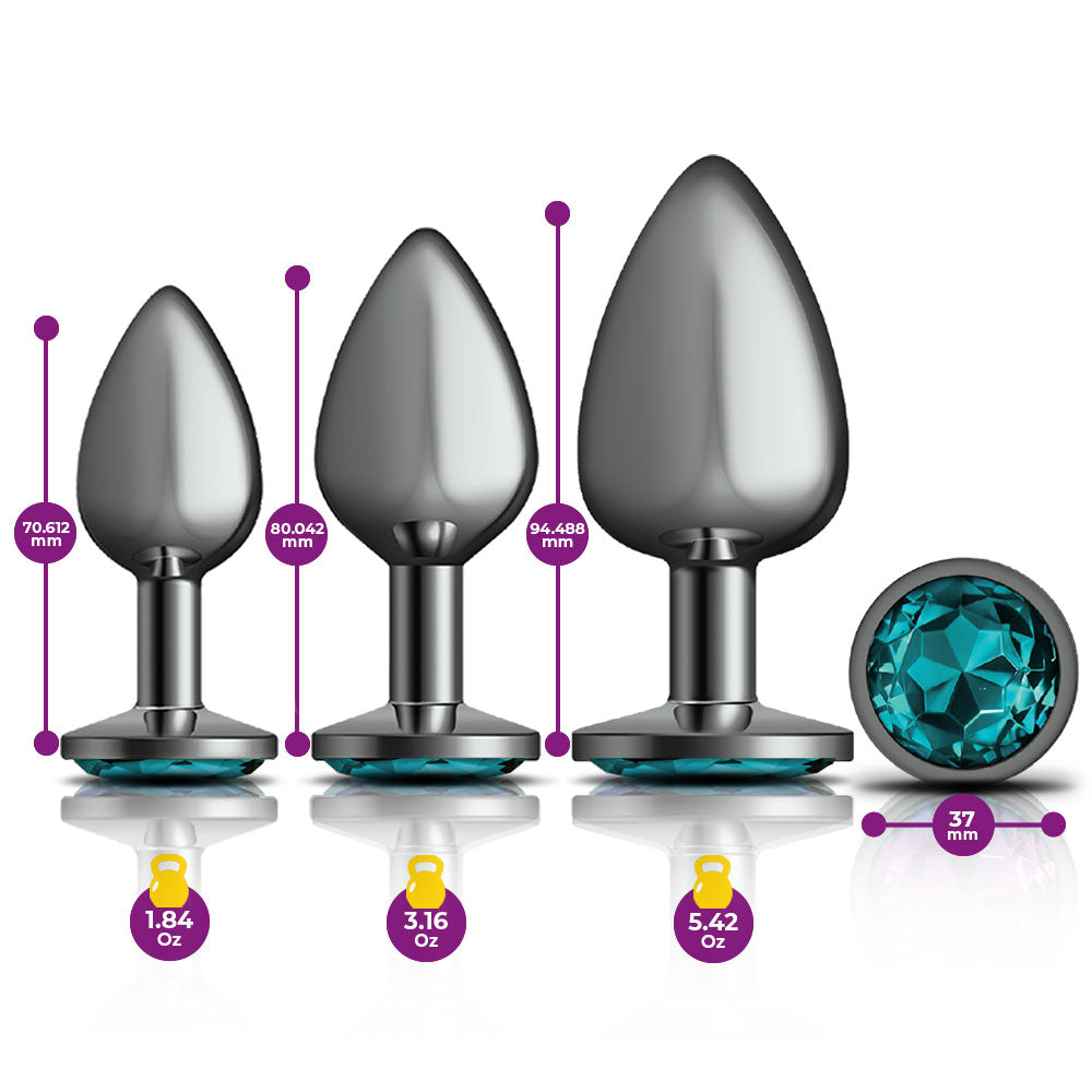 Cheeky Charms - Metal Butt Plug Gunmetal - Round - Teal - Anal Trainer Kit - Not Very Vanilla