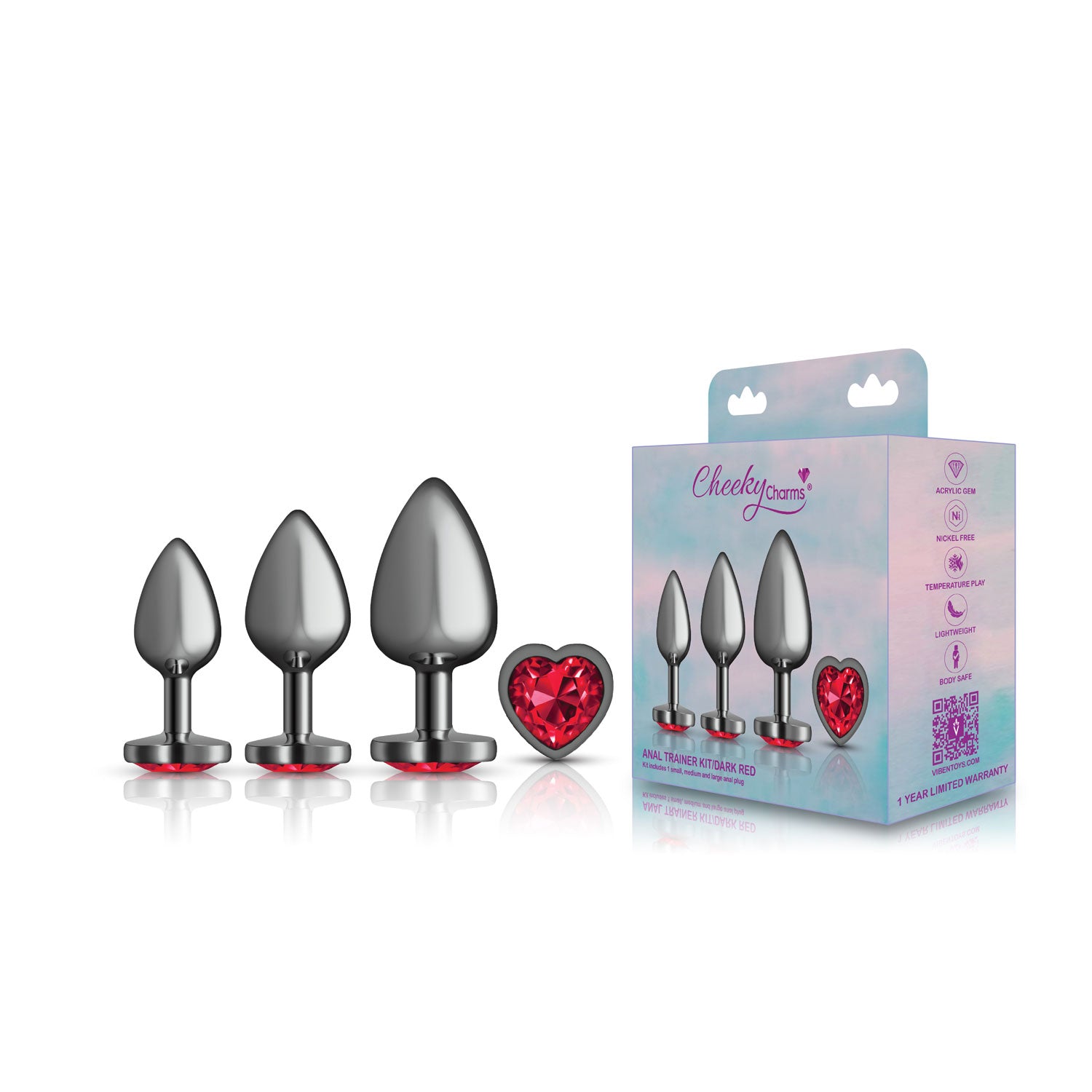 Presale Only - Cheeky Charms - Metal Butt Plug Gunmetal - Heart Dark Red - Anal Trainer Kit - Not Very Vanilla