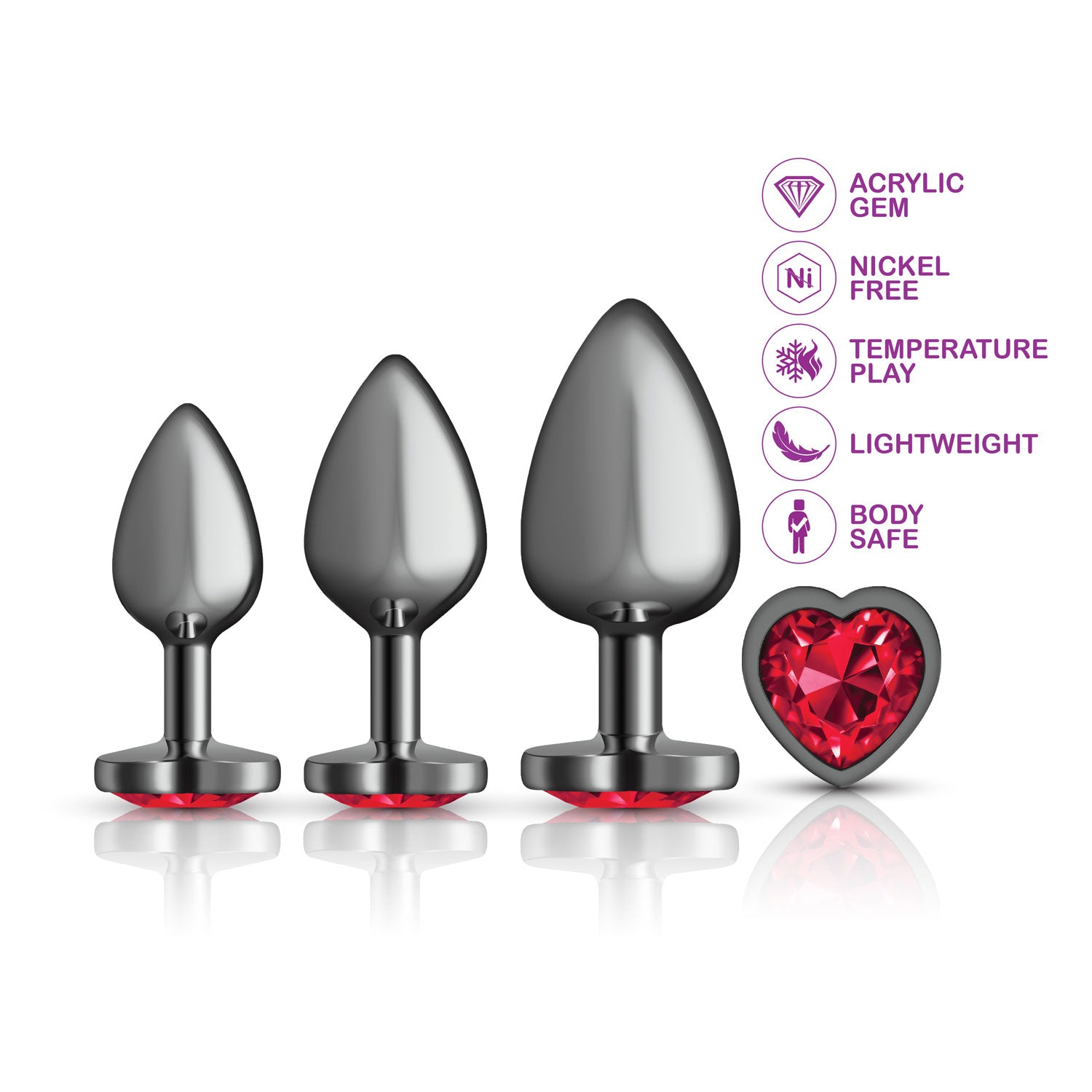 Presale Only - Cheeky Charms - Metal Butt Plug Gunmetal - Heart Dark Red - Anal Trainer Kit - Not Very Vanilla