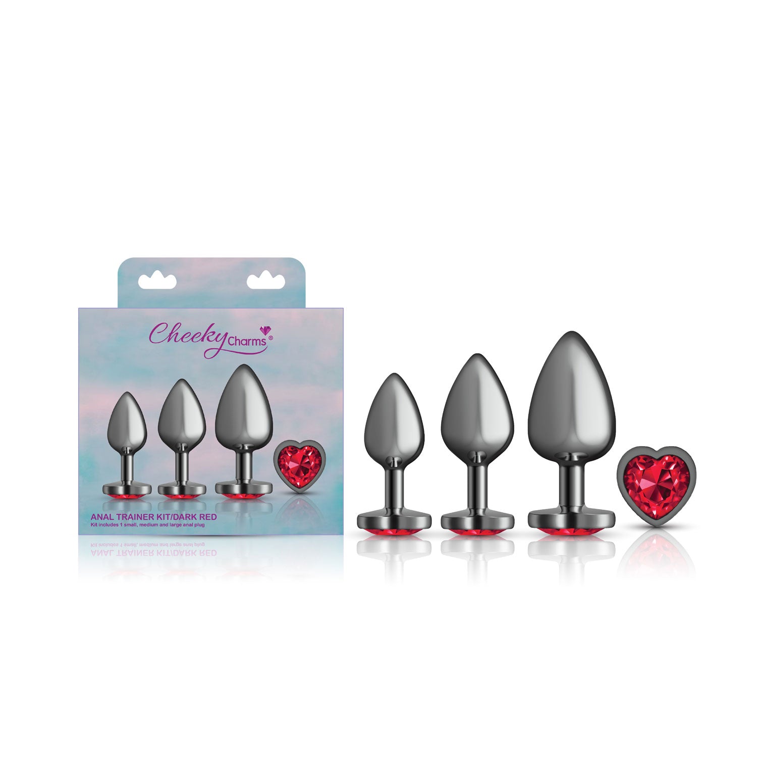 Presale Only - Cheeky Charms - Metal Butt Plug Gunmetal - Heart Dark Red - Anal Trainer Kit - Not Very Vanilla