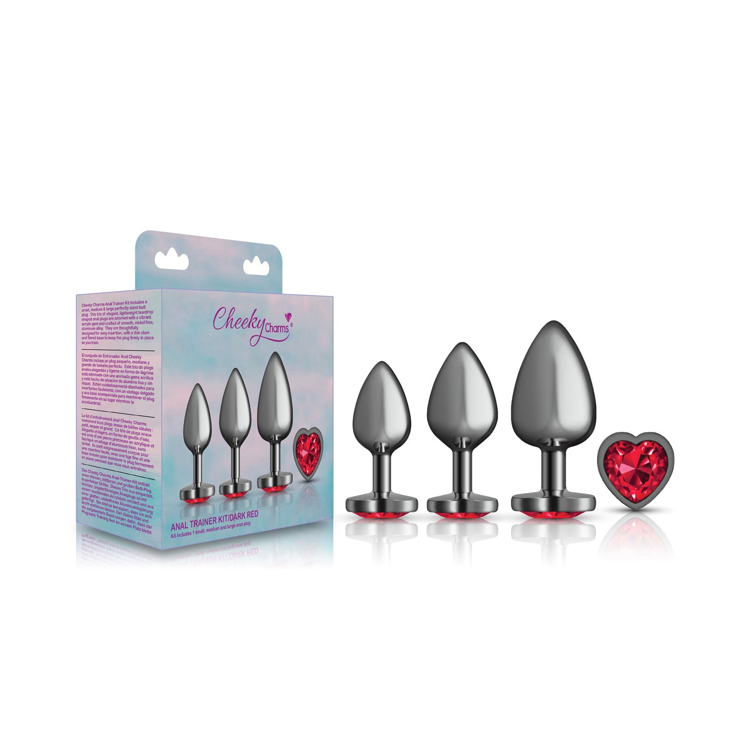 Presale Only - Cheeky Charms - Metal Butt Plug Gunmetal - Heart Dark Red - Anal Trainer Kit - Not Very Vanilla