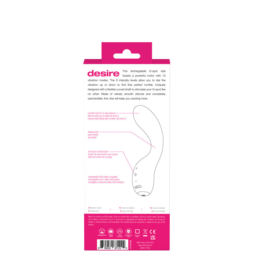 Desire Rechargeable G-Spot Vibe - Pink - Not Very Vanilla