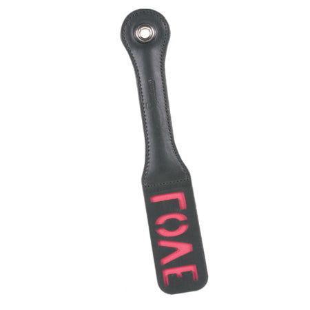 Sportsheets Sex & Mischief 12 in. 'Love' Leather Impression Paddle - Not Very Vanilla