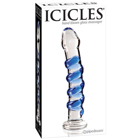 Pipedream Icicles No. 5 Curved Ribbed 7 in. Glass Dildo Blue/Clear - Not Very Vanilla