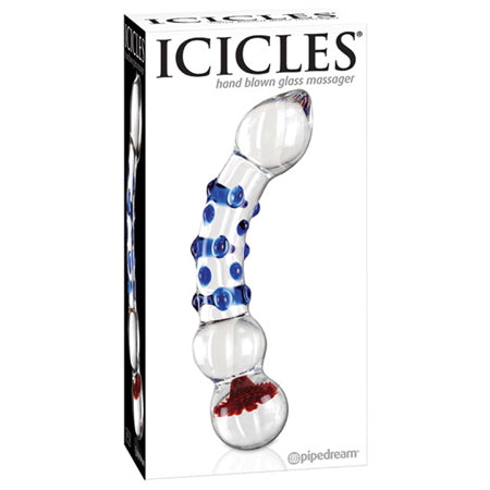 Pipedream Icicles No. 18 Curved Textured 7.5 in. Glass Dildo Blue/Red/Clear - Not Very Vanilla