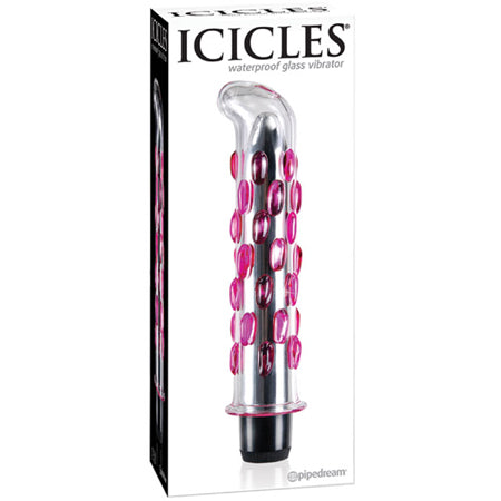 Pipedream Icicles No. 19 Curved Textured Vibrating 7.5 in. Glass Dildo Pink/Clear - Not Very Vanilla