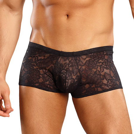 Male Power Stretch Lace Mini Short Black Sml - Not Very Vanilla