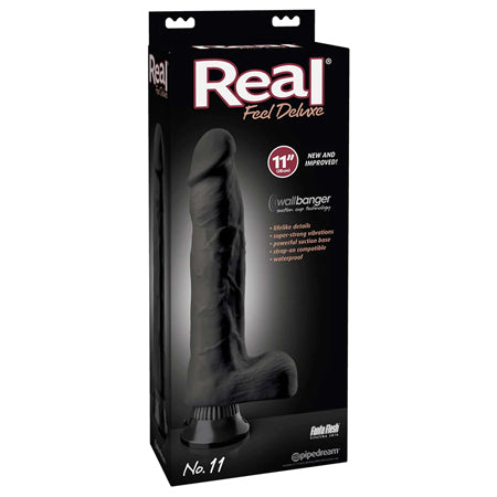 Pipedream Real Feel Deluxe No. 11 Realistic 11 in. Vibrating Dildo With Balls and Suction Cup Black - Not Very Vanilla