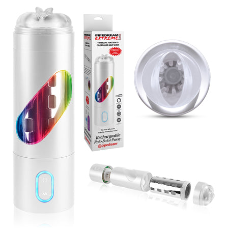 PDX Rechargeable Roto-Bator Pussy Light-Up Rotating Stroker Clear/White - Not Very Vanilla