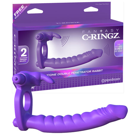 Pipedream Fantasy C-Ringz Double Penetrator Vibrating Rabbit Dual Entry Cockring Purple - Not Very Vanilla