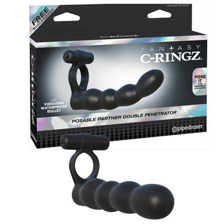 Pipedream Fantasy C-Ringz Posable Partner Double Penetrator Vibrating Cockring Black - Not Very Vanilla