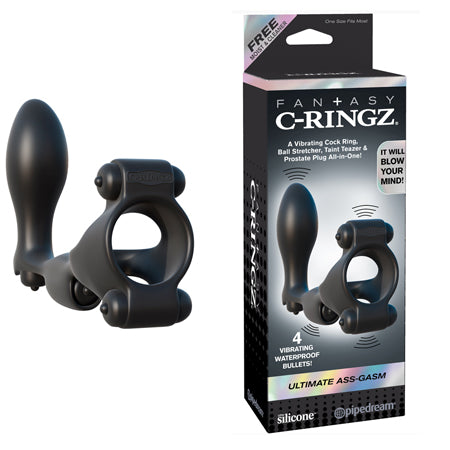 Pipedream Fantasy C-Ringz Ultimate Ass-Gasm Vibrating Silicone Cockring With Anal Plug Black - Not Very Vanilla