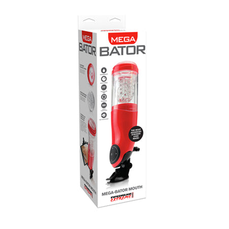 PDX Mega-Bator Mouth Rechargeable Rotating Thrusting Stroker With Hands-Free Suction Cup Clear/Red - Not Very Vanilla