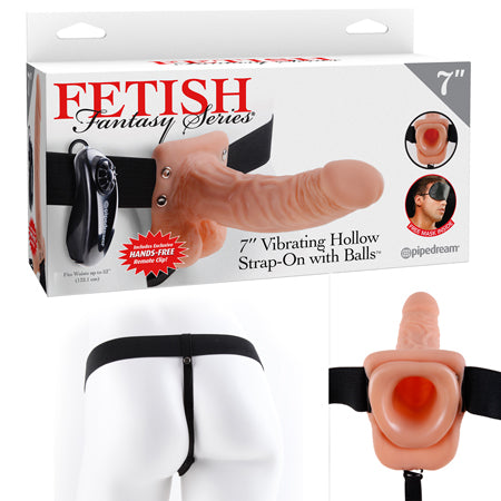 Pipedream Fetish Fantasy Series 7 in. Vibrating Hollow Strap-On with Balls Beige/Black - Not Very Vanilla