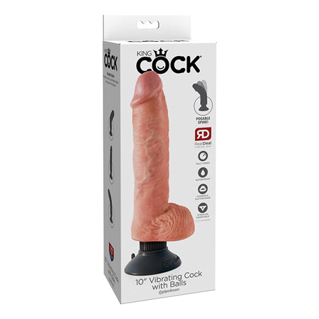 Pipedream King Cock 10 in. Vibrating Cock With Balls Poseable Suction Cup Dildo Beige - Not Very Vanilla