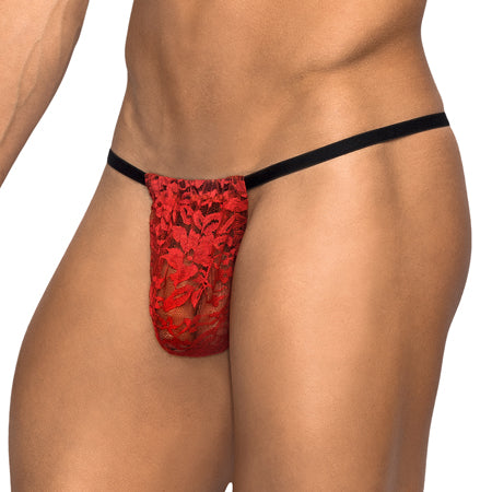 Male Power Stretch Lace Posing Strap Red One Size - Not Very Vanilla