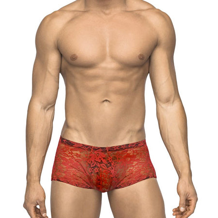 Male Power Stretch Lace Mini Short Red Small - Not Very Vanilla