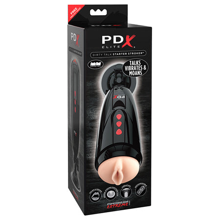 PDX Elite Dirty Talk Rechargeable Vibrating Starter Stroker With Hands-Free Suction Cup Beige/Black - Not Very Vanilla