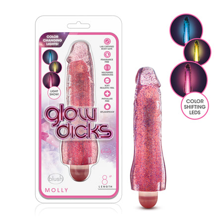 Blush Glow Dicks Molly Color Changing 8 in. Vibrating Dildo Glitter Pink - Not Very Vanilla