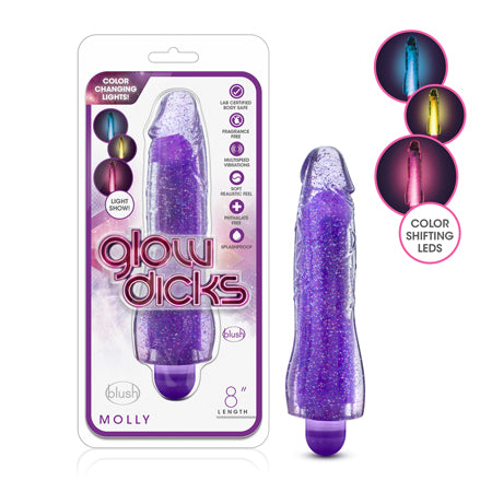 Blush Glow Dicks Molly Color Changing 8 in. Vibrating Dildo Glitter Purple - Not Very Vanilla